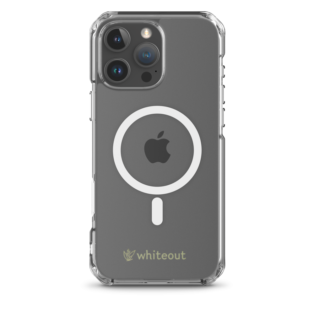 Clear phone case with Apple logo and 'whiteout' branding on a white background