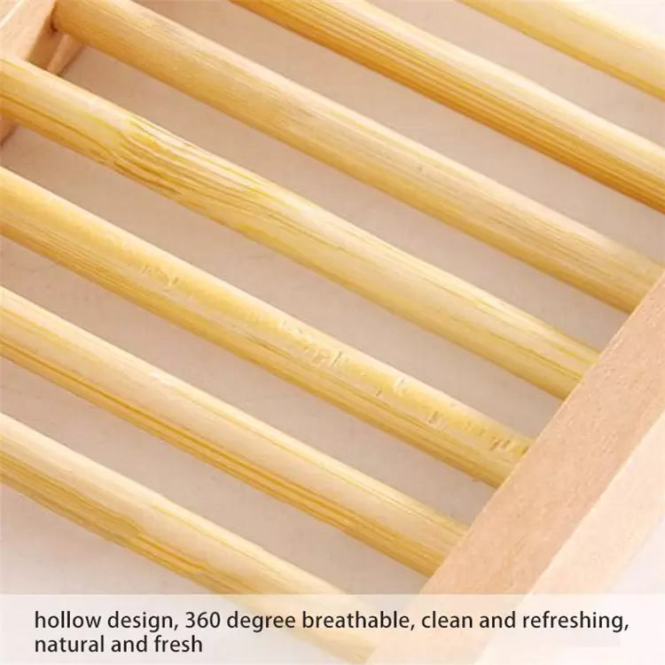 Close-up of a wooden soap dish with text describing its features.