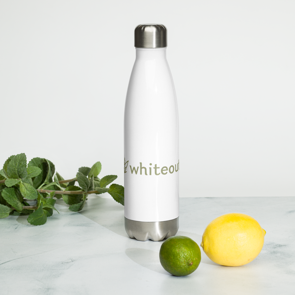 White water bottle with silver cap on a marble surface with a lemon and lime.