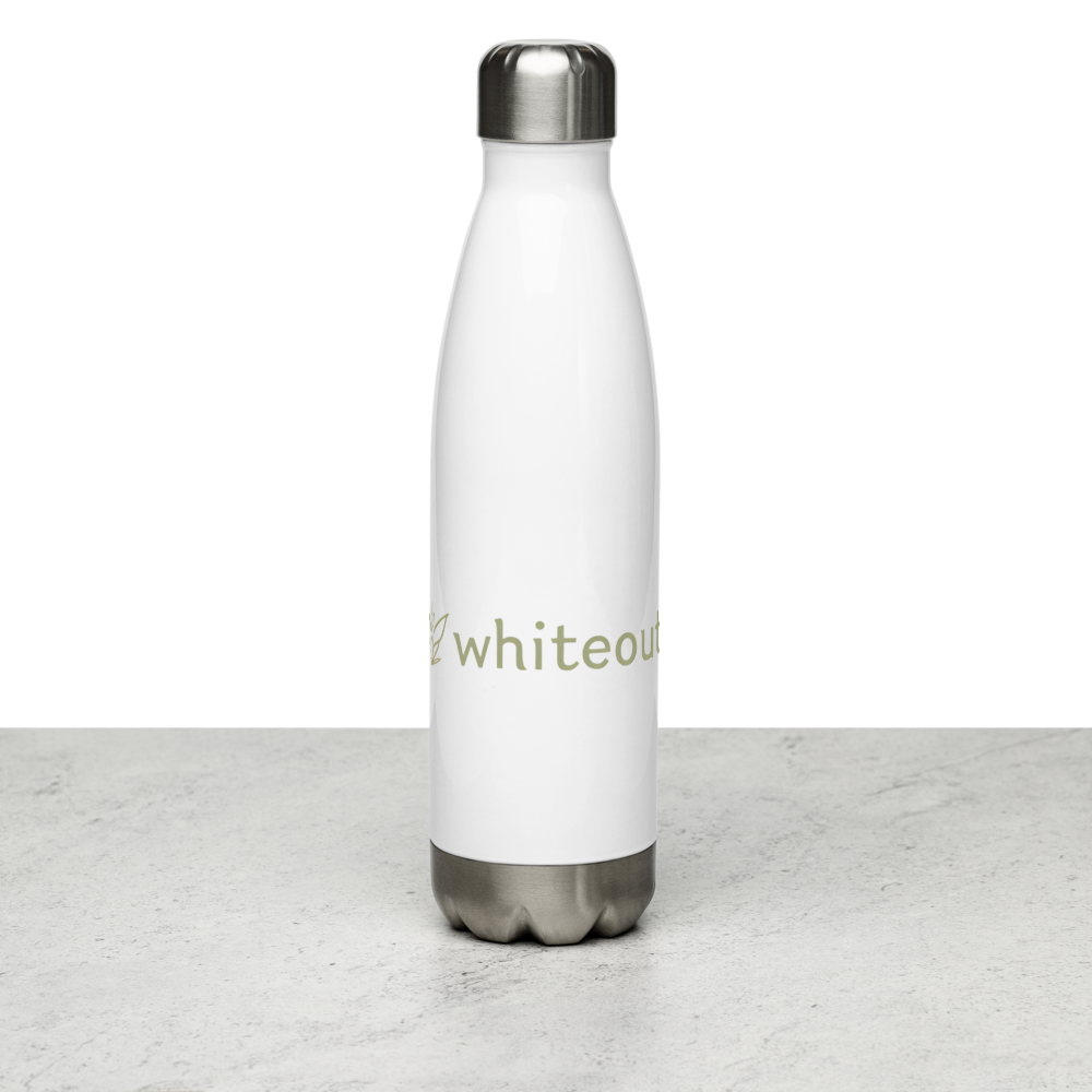 White water bottle with silver cap on a light gray surface